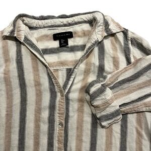 Tahari Women's Striped Linen Blend Top Size Large Long Sleeve Button Up Shirt